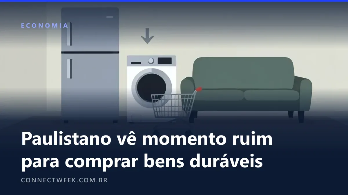 Geladeira, máquina de lavar e sofá em uma sala vazia, com um carrinho de compras vazio e uma seta para baixo