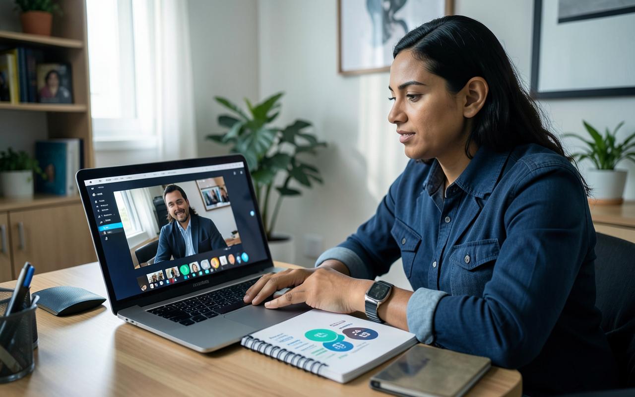 Gestora em reunião por vídeo com a equipe remota em home office