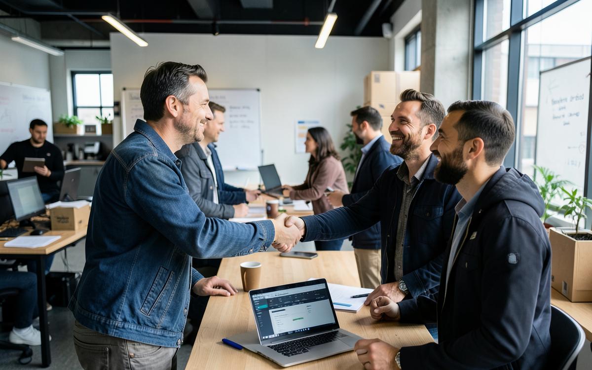 Profissionais de serviços B2B fecham acordo com aperto de mãos em espaço de coworking