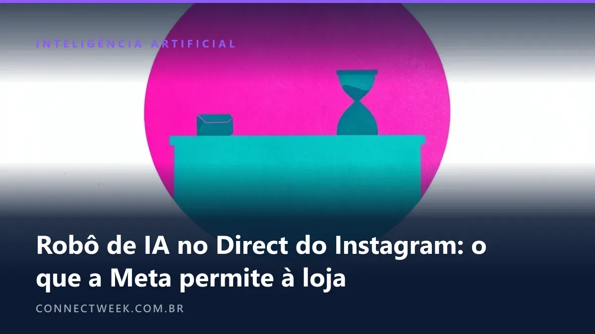 Ilustração em risografia rosa e verde-azulado de um balcão de loja dentro de um balão de conversa, com um pacote e uma ampulheta sobre ele