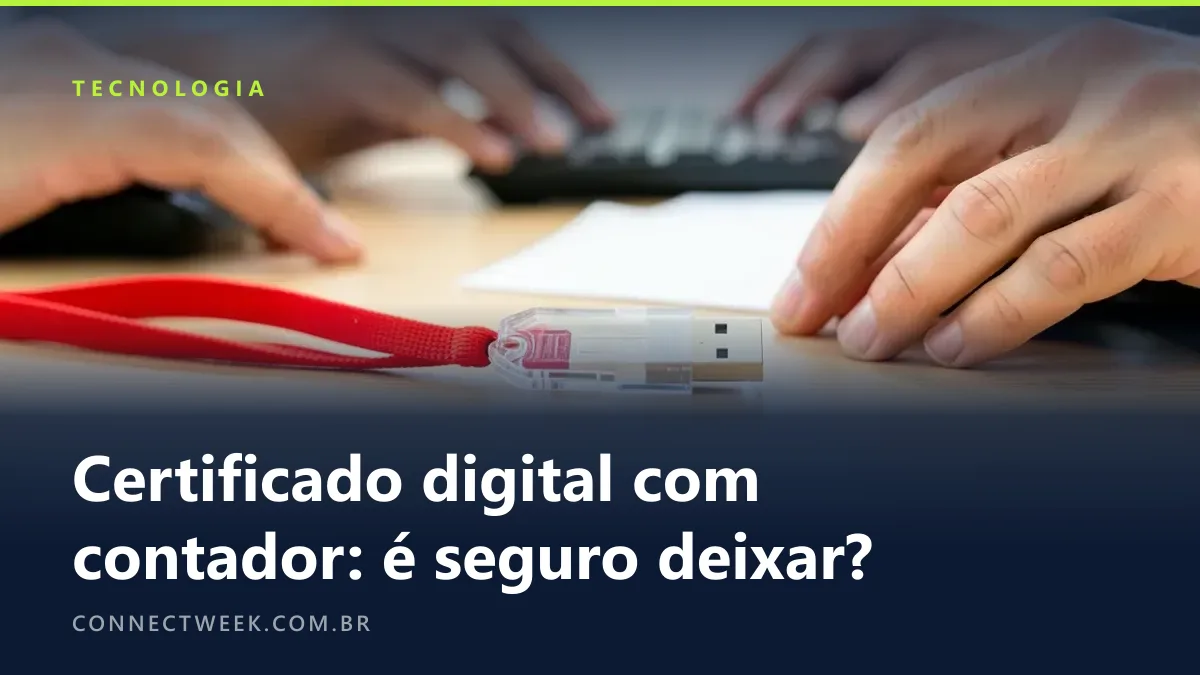 Token USB sem marca sobre uma mesa compartilhada, com várias mãos e teclados desfocados ao fundo