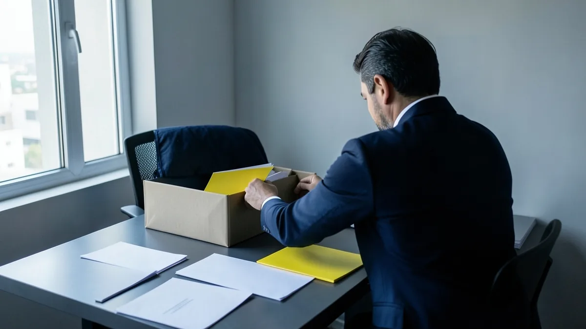 Empresária de costas em escritório pequeno guardando pastas em caixa de arquivo com luz da janela