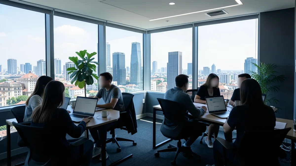 Escritório de startup em andar alto com equipe pequena de costas diante de janelas panorâmicas e cidade ao fundo