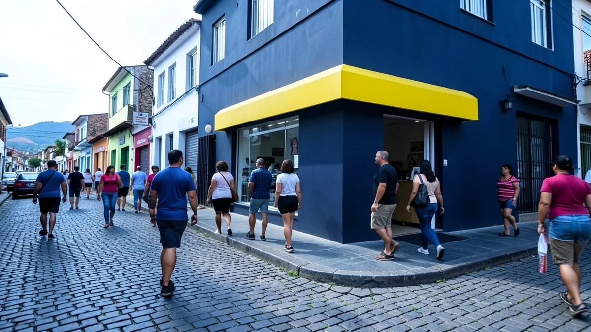 Rua comercial de cidade do interior com loja recém-inaugurada de fachada lisa, calçada larga e pedestres de costas